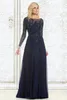 Lange mouwen Avondjurk Hoge Kwaliteit Navy Blue Applique Chiffon Dameskleding Prom Party Dress Formele evenementenjurk Moeder van de Bruid Jurk