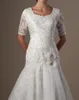 Vintage 1960S Koronki Syrenka Skromne Suknie Ślubne Z Krótkim Rękawami Zroszony Aplikacje Lace-Up Scoop Temple Wedding Suknie Vestido de Noiva