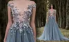 Paolo Sebastian 2017 Vestidos de fiesta 3D-Floral Appliques de manga corta vestido de encaje de noche Use ropa de cuello escarpado Vintage Vintage Largo Formal Vestidos