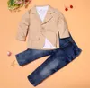 Baby pojke kläder kostymer + skjorta + jeans 3pcs gentleman outfit barn kausal fritidsuppsättningar barn bomull baby kläder sätter toppar + byxor 0-8y cqz051