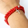 Easter Jewelry Whole 5mm A Grade Dyed Red Coral Stone Clear Cz Jesus Cross Beaded Bracelet For Lover Gift249z