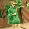 Women's fashion natural rabbit fur stand collar three quarter sleeve loose mongolian fur tassel bottom medium long fur coat casacos XXL