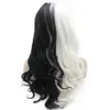Long Wavy Half White Black Synthetic Lace Front Wig Heat Resistant