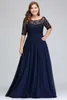 Dark Navy Black Burgundy Half Long Sleeves Plus Size Galajurken Lace Top A Line Chiffon V Back Mother of Bride Jurken Cheap Gowns CPS522