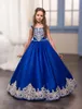 Royal Blue Flower Girl Dresses Square With Gold Applique Girls Cupcake Dress Back Zipper With Bow Satin A-Line Floor-Length Pageant Grows