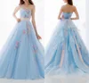 Light Sky Blue Strapless Prom Dresses With Colorful Appliques Beaded Ribbon Sash Lace Up Tiered Back Evening Gown Formal Party Dresses