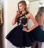 Siyah Mezuniyet Elbiseleri Jewel Ile Dantel Aplike Illusion Balo Abiye Aç Geri Mini Uzunlukta Custom Made Katmanlı Fırfır Parti Elbiseler 2017