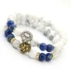 2016 Top Quality Bracelets Wholesale 8mm White Howlite&Blue Sea Sediment Imperial Stone Beads Gold&Silver Lion Head Bracelets