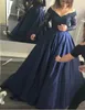 Dark Navy Prom Dresses Paillettenspitze von Schulter eine Linie Langarmes Abendkleid plus Größe formelle Quinceanera Partykleider5439013