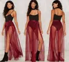 Hot Sexy See Through over Rok Nieuwe Mode Bourgondië Tulle Illusion One Layer Dames Rok Met Lint Sash High Split Floor Lengte Goedkoop