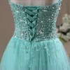 クリスタルロングイブニングドレス恋人ミントチュールAラインゴージャスなビーズスパンコールコルセットPageantガウン2019 Vestidos de Fiestaゴージャス