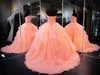 2023 Coral Ball Gowns Quinceanera Dress Sweetheart Masquerade Crystal Beaded Corset Organza Ruffles Long Prom Gown Sweet 16 Dress215C