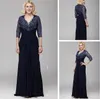 Hot Drilling Sheath V-neck A-line Lace and Chiffon Mother of the Bride Dress 3/4 Sleeve Floor Length Mother's Dresses