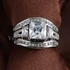 Vecalon princesa corte 4ct topázio simulado diamante cz anel de banda de casamento conjunto para mulheres 14kt branco ouro cheio de festa