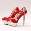 Red Color Gorgeous Pearl Bridal Shoes Rhinestone Bow Tassel Wedding Dress Shoes Women Party Prom High Heels Lady Valentine Pumps