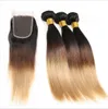 #1B/4/27 Honey Blonde Ombre Brazilian Hair 3Bundles With Lace Closure Dark Roots Three Tone Silky Straight Ombre Hair Weaves With Closure