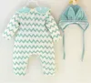 Nya spädbarn Baby Cotton Rompers med lock 2st Kläder Set Söta Onesies Dots Stripe Jumpers Bunny Ear Hat Girl Babies Rompers 13470