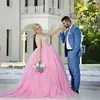 Sparkly Colorful Pink Wedding Dress Ball Gown Puffy Tulle Corset Top Luxury Beaded Bodice Sweetheart Neckline Straps Bridal Gowns