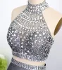 Sexy Split White Gold Prom Dresses High Neck Halter Chiffon Sheath Backless Black Silver Two Piece Graduation Dresses Evening Part5420466