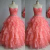 Amostra real de Alta Qualidade Melancia Vestidos de Baile Uma Linha Ruched Babados Organza Espartilho Até O Chão Evening Quinceanera Vestidos de Cristais Faixa