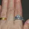 Vecalonヴィンテージ女性リングプリンセスカット2ctシミュレートダイヤモンドCz 10ktホワイトゴールド充填婚約結婚指輪セット