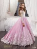 Robes de filles de fleur pour les mariages 2019 P entelei avec manches longues et appliques de train de balayage Tulle fleur petites robes de filles violet clair