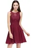 Wine Red Lace Beaded A Line Homecoming Dresses Short Chiffon Cocktail Party Dresses For Young Girls Jewel Neck Cheap Homecoming Gowns CPS707