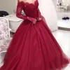Lace Off Shoulder Prom Dress Beadings Long Sleeve Zipper Backless Red Tutu Tulle Party Dress Pretty Women Cheap Sweep Train Evening Dress
