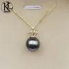 14K guldkrona form hängsmycke naturlig svart äkta 10-11mm stor storlek tahitian pärla hängsmycke halsband s925 silver halsband kedja fri