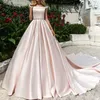 Baby Pink Satin Wedding Dresses Beteau Neckline Match Beaded Sash Sleeveless Ruched Bridal Dress Vintage Elegant Wedding Dress Custom Made