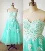 Vintage Turquoise Tulle Prom Dress A Line Sweetheart Neckline Sleeveless Lace Appliques Cheap High Quality Homecoming Graduation Gowns