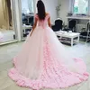 Magnifique robe de bal rose robes de mariée hors épaule avec des fleurs faites à la main balayage train robes de mariée tulle gonflé robes de mariée sur mesure
