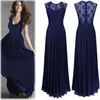 Nya Sexiga Kvinnor Chiffon Lace A-Line Dresses Lady Hollow V-Neck Lång Klänningar Slim Empire Dress S-XXL Gratis frakt