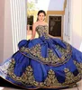 Vintage Royal Blue Quinceanera Suknie Korant Sukienka Satyna Wysokiej Jakości Aplikacja Suknia Ball Party Dress Długość Prom Dresses