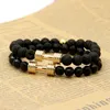 Wholesale Real Gold & Platinum Plated Metal New Barbell 8mm Lava Rock Stone Fitness Fashion Dumbbell Bracelets