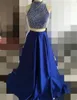 2021 Neues königsblaues zweiteiliges Ballkleid mit hohen Perlen, A-Linie, bodenlanges Satin-Partykleid, bodenlanges Abend-Partykleid