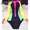 Vente en gros - UTTU Sexy Dos Nu Surf One Piece Maillot De Bain Femmes Zipper Patchwork Maillots De Bain À Manches Longues Col Haut Maillot De Bain Plage Maillot De Bain