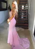 Vestidos Largos de Fiesta Mujerピンクレース人魚エレガントジッパースパゲッティストラップウエディングドレスカットアウトスイープトレインロングイブニングドレス