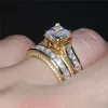 Luxury 14KT yellow gold filled Ring Set 2-in-1 Wedding Band Jewelry For Women 15ct 7*7mm Princess-cut Topaz Gemstone Rings finger