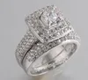 Gerçek ince Üç Taş Yüzük prenses kesim 14kt beyaz altın dolgulu tam topaz Gem simüle elmas Kadın Düğün Nişan yüzüğü