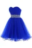 Högkvalitativ skräddarsydda Homecoming Dress Royal Blue Short Prom Klänningar Sweetheart Neck Ruched Tulle Crystals Beaded Waist Lace-Up Back