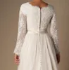 Elfenben A-Line Beaded Lace Tulle Modest Bröllopsklänningar Med Långärmad Kylplattad Nackknappar Upp Tillbaka Full ärm Långa brudklänningar blygsam