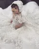 Lüks 2019 Bebek Kız Için Yeni Dantel Vaftiz Önlükler Kristal 3D Bonnet İlk Haberleşme Ile Çiçek Aplike Vaftiz Elbiseler elbise
