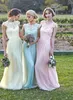 Robes de demoiselle d'honneur en dentelle Sheer Cap Sleeves Sash Jaune pâle Aqua Pink Long Wedding Party Dreses 2019 Mousseline de soie Une ligne Robes de bal Soirée