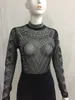 Women's Jumpsuits & Rompers Wholesale- For Sexy Bodysuit Women 2021 See Through Black Mesh Jumpsuit Long Sleeve Party Sequined Bodycon Calvn