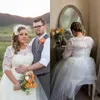 Primavera Plus Size Vestidos de Noiva Uma Linha Comprimento do Chá Vestidos de Noiva Ilusão Decote Sheer Lace Meia Manga Jardim Festa de Casamento na Praia