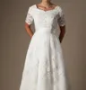 Laço do vintage apliques de mangas curtas Modestas vestidos de casamento mangas frisadas botões de frisado vestidos de noiva a linha Vestidos de casamento venda