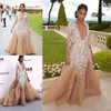 Zuhair Murad 2017 Profundo Decote Em V Vestidos de Baile Champagne Cor Branco Apliques de Renda Ilusão Manga Longa Vestidos de Noite Formal Vestidos de Festa