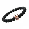 Micro Pave Black CZ Zirconia Gold Plated Crown Beaded Strands Bracelet Jewelry Dull Polish Matte Stone Bead Bracelets For Men