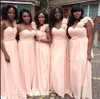 Sexy Pfirsichfarbene Brautjungfernkleider mit einer Schulter, lang, Chiffon, Afrika, Brautjungfernkleider in Übergröße, 2017, bescheidene, günstige Brautjungfernkleider unter 100